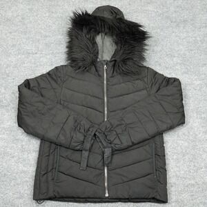 Gap Puffer Jacket Women XS Black Faux Fur Hood Primaloft Winter Warmth Quilted